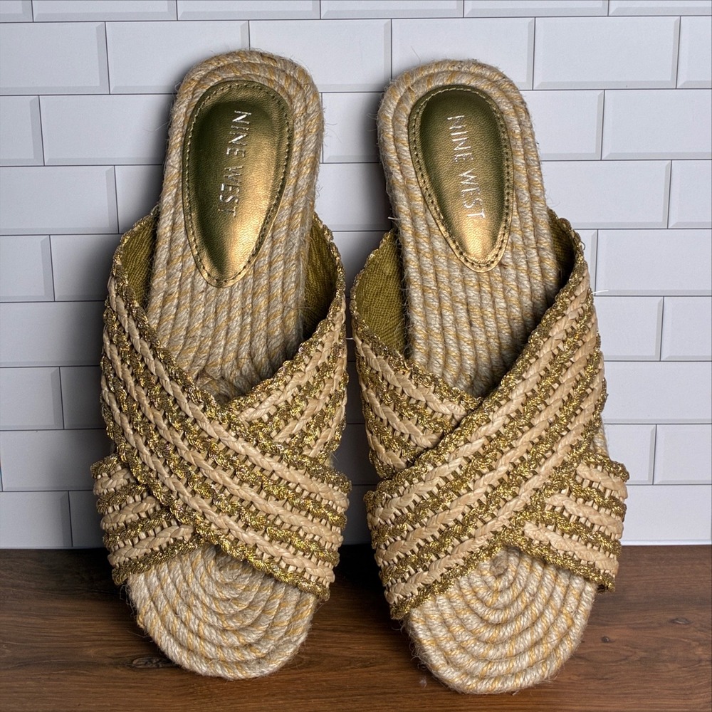Nine West Animay2 Gold Woven Espadrille Slide Sandals Womens 7.5M (NWOB)